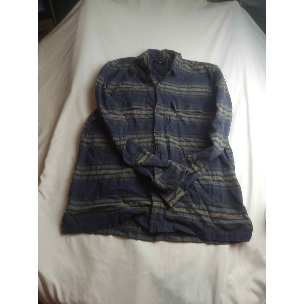Lucky Brand Mens Blue Green Striped Herringbone Flannel Button Down Shirt Large